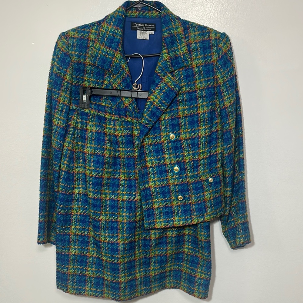 Vintage Blue and Green Plaid Blazer and Skirt Set